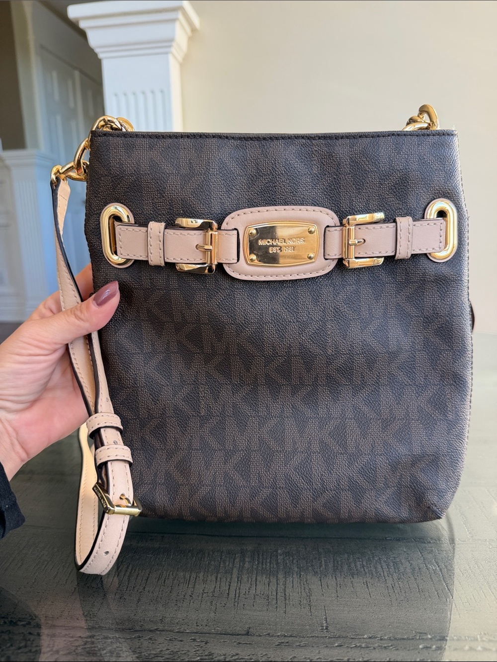 Michael Kors Crossbody Brown and Tan Logo Crossbody Bag. Gold Tone‎ Hardware